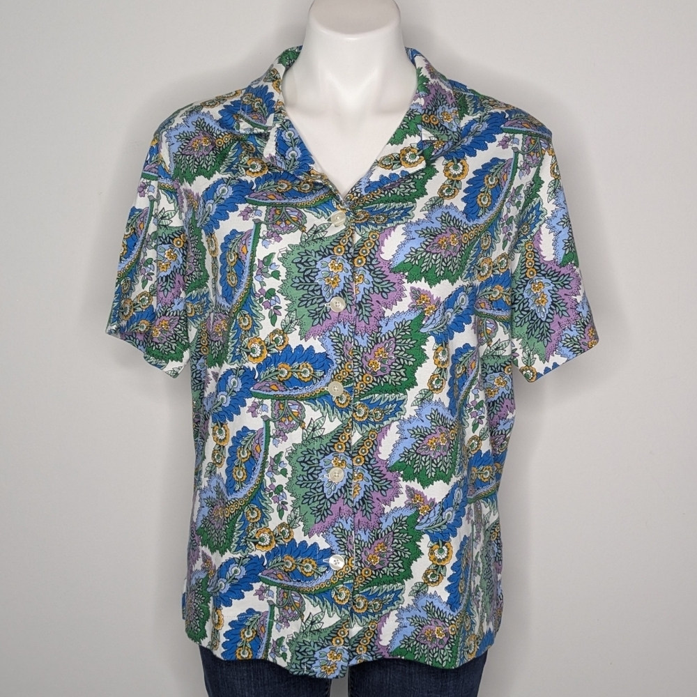 NWOT Vera Bradley White Blue Green Floral Foliage Cotton Button Up Pajama Top XS